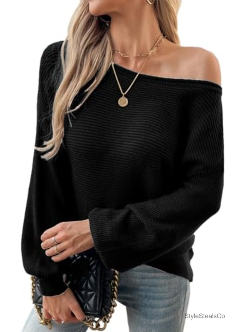 Women's Off Shoulder Batwing Sleeve Loose Fit Pullover Sweater